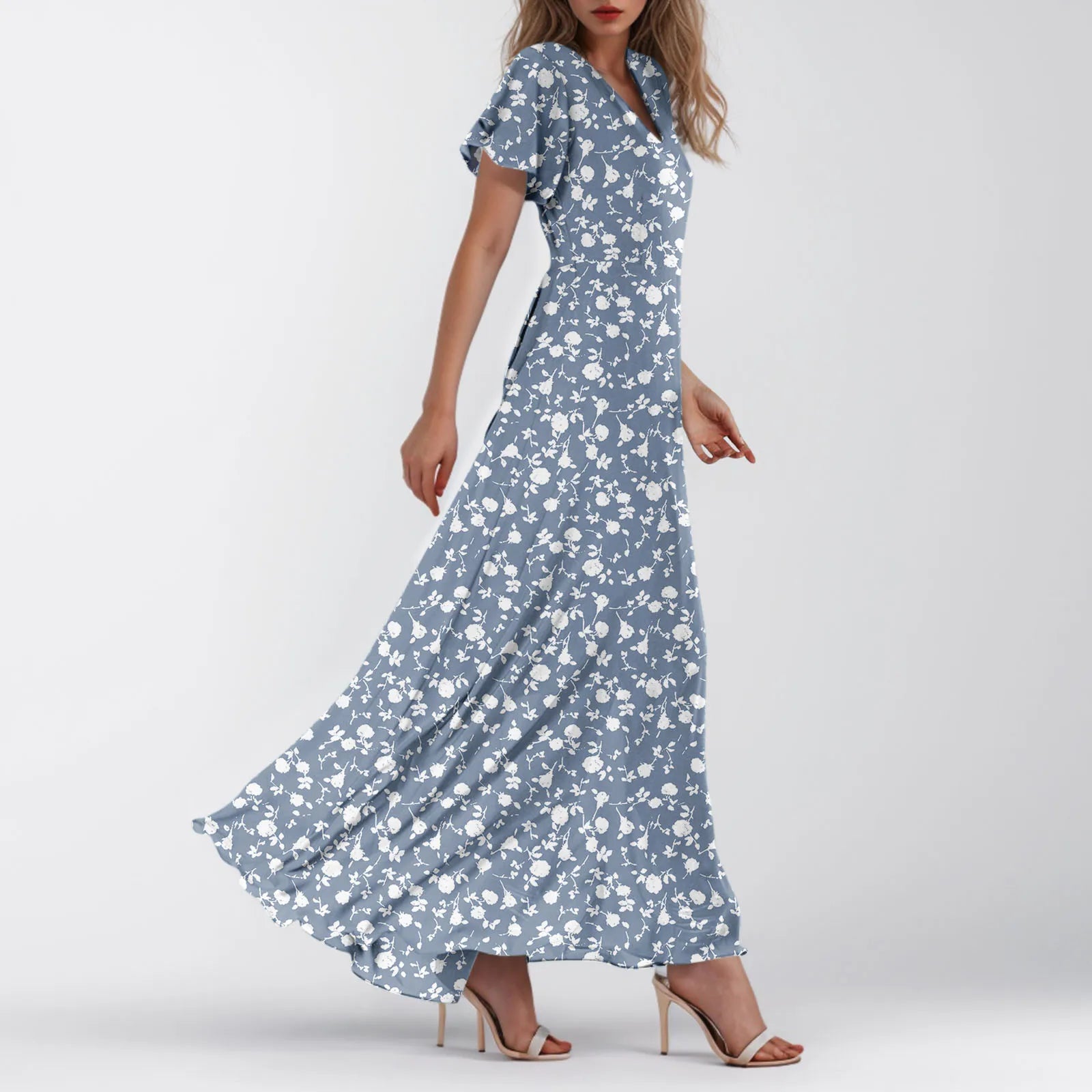 Women V-neck Ruffle Short Sleeve Maxi Dress Waist Tight High-waist Hem Sweet Floral Print Elegant Dress Female Clothing Vestidos