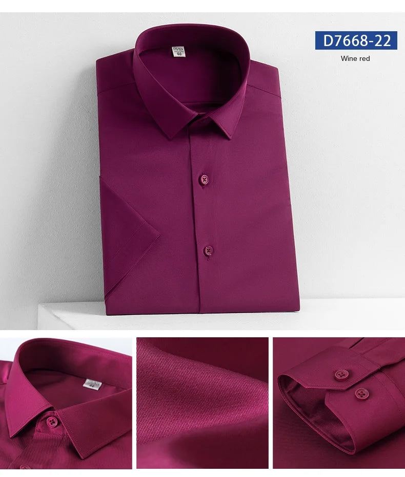 2023 Summer Short Sleeve High Density Silky Material Solid  Elastic Business Men Dress Shirts No Pocket Stretch Clothes