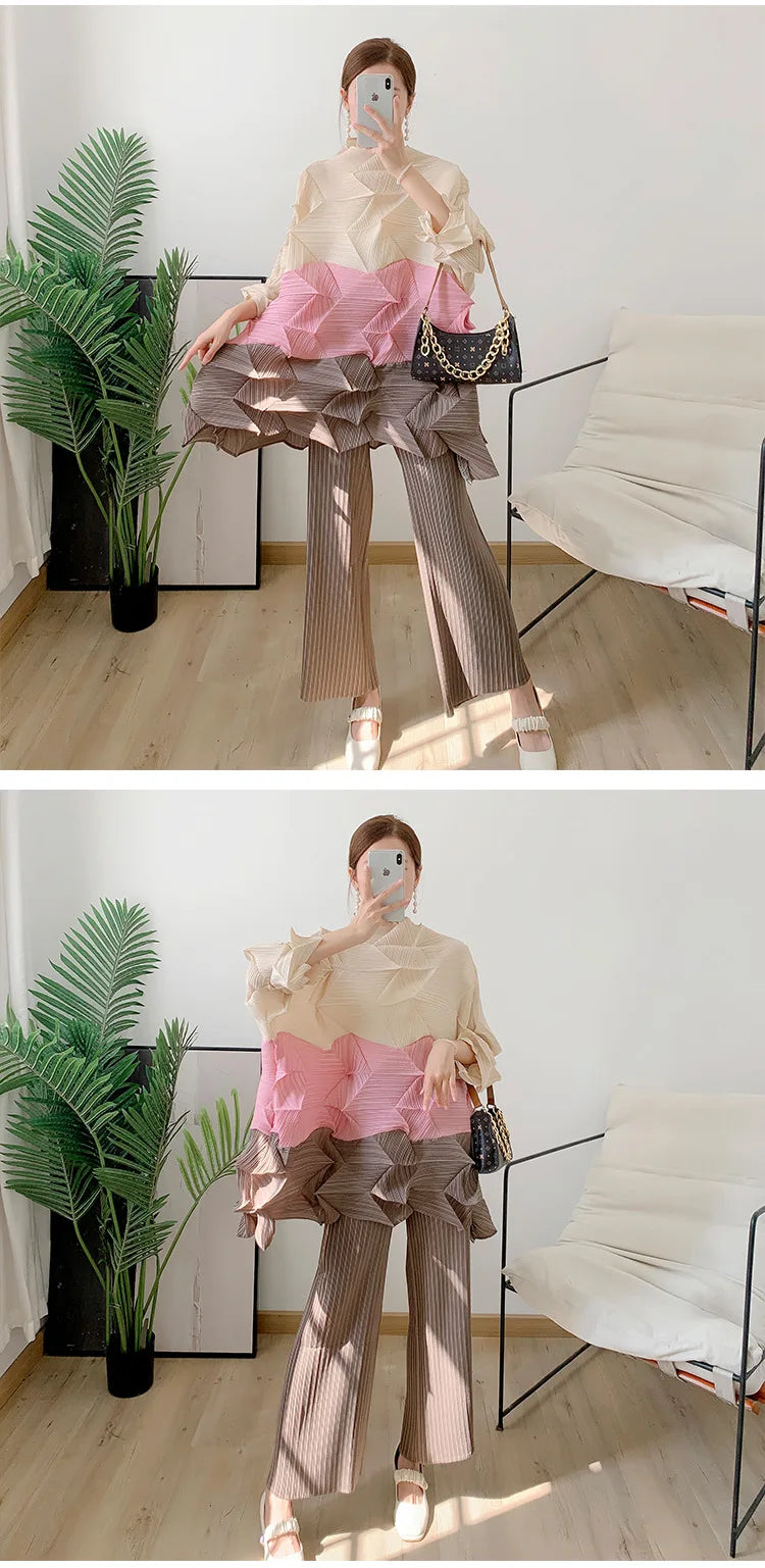Miyake Diamond Pleated Two Piece Set Women Winter Outfits Elegant Causal Batwing Long Sleeve Three Colour Tos Straight Pants
