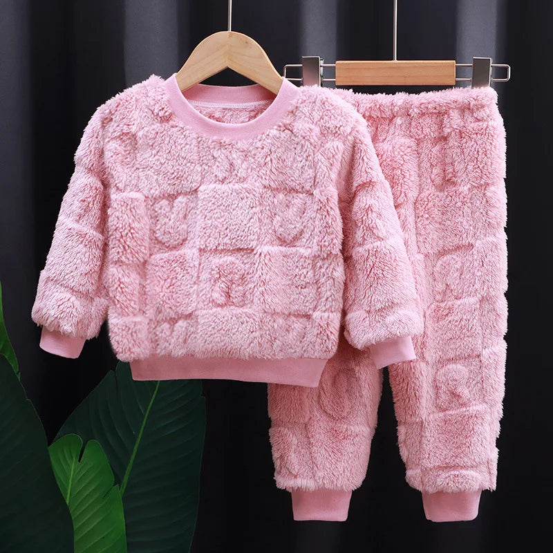 New Autumn and Winter Flange Pajamas Suits Children's Long Sleeve Top+Trousers Sets Plus Velvet Thick Home Wear 1-6 Years Old
