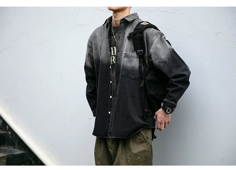 Korean fashion washed gradient denim shirt for men clothing High quality streetwear harajuku casual coat tremdy Long sleeve male