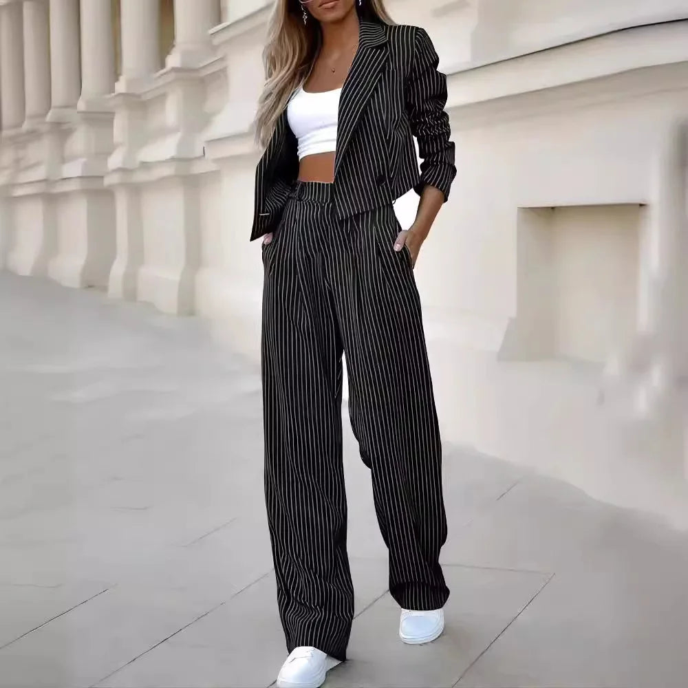 Women's Commuter Set 2024 Women's Clothing Style Tailored Collar Casual Stripe Short Collar Suit Coat Straight Leg Pants Set