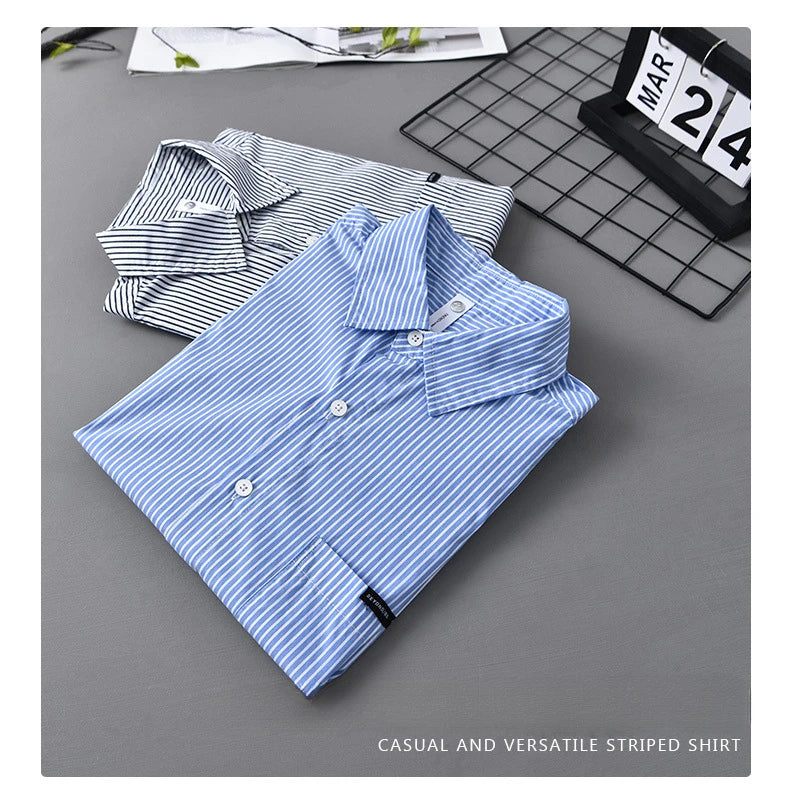 2025 Spring Summer New Casual Striped Cotton Short Sleeve Shirts for Men Clothing Soft Turn-down Collar Shirts DCC03