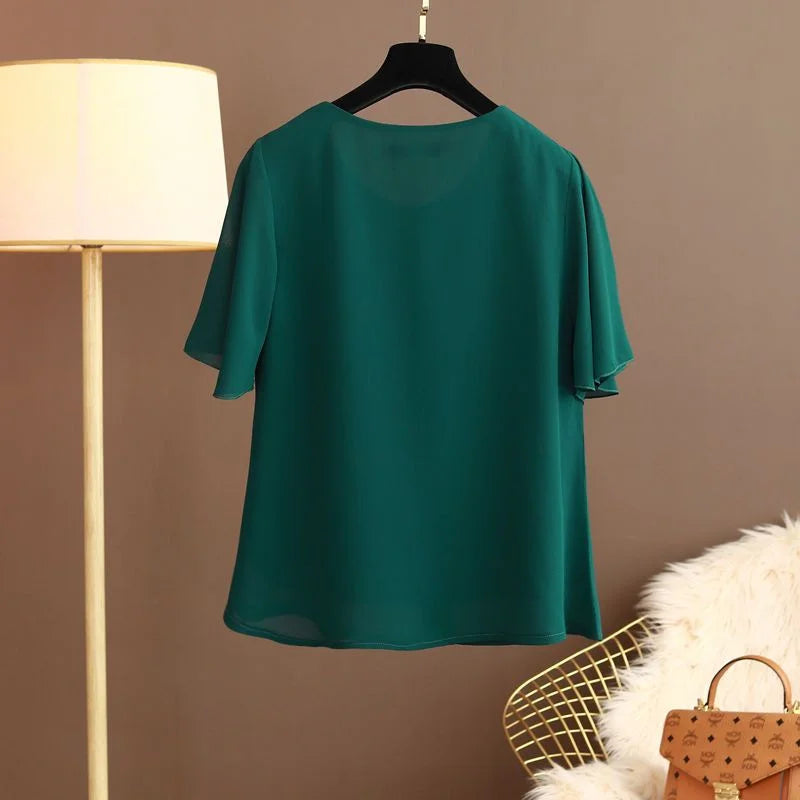 Women Blouse And Tops Summer Short Sleeve Chiffon T-shirt Middle Age Female Fashion Pullover Tshirts Shirts Large Size L-6XL