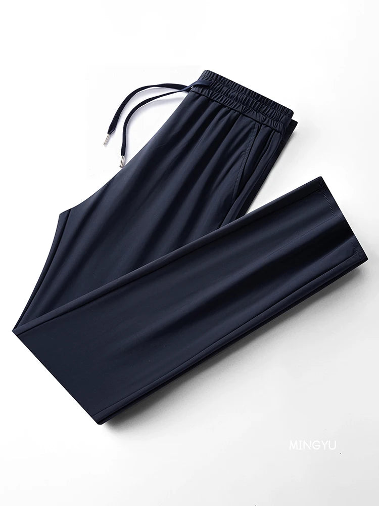 Summer High Stretch Smooth Ice Silk Casual Pants Man Thin Soft Elastic Waist Korean Grey Sweatpants Sports Jogging Trousers Male