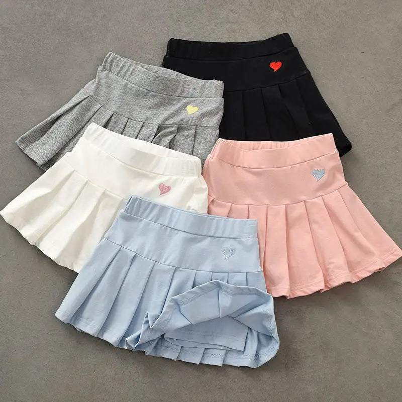 Girls Skirts Jk Pleated Skirt Candy Color Embroidery Love Solid Color Simple Casual Loungewear Outfit Children's Clothes
