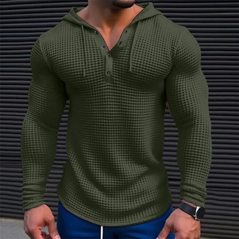 Spring Solid Color Slim Fit Long Sleeved T-shirt, Men's Hooded Breathable Sports Top, Waffle Cotton Casual Long Sleeved Shirt