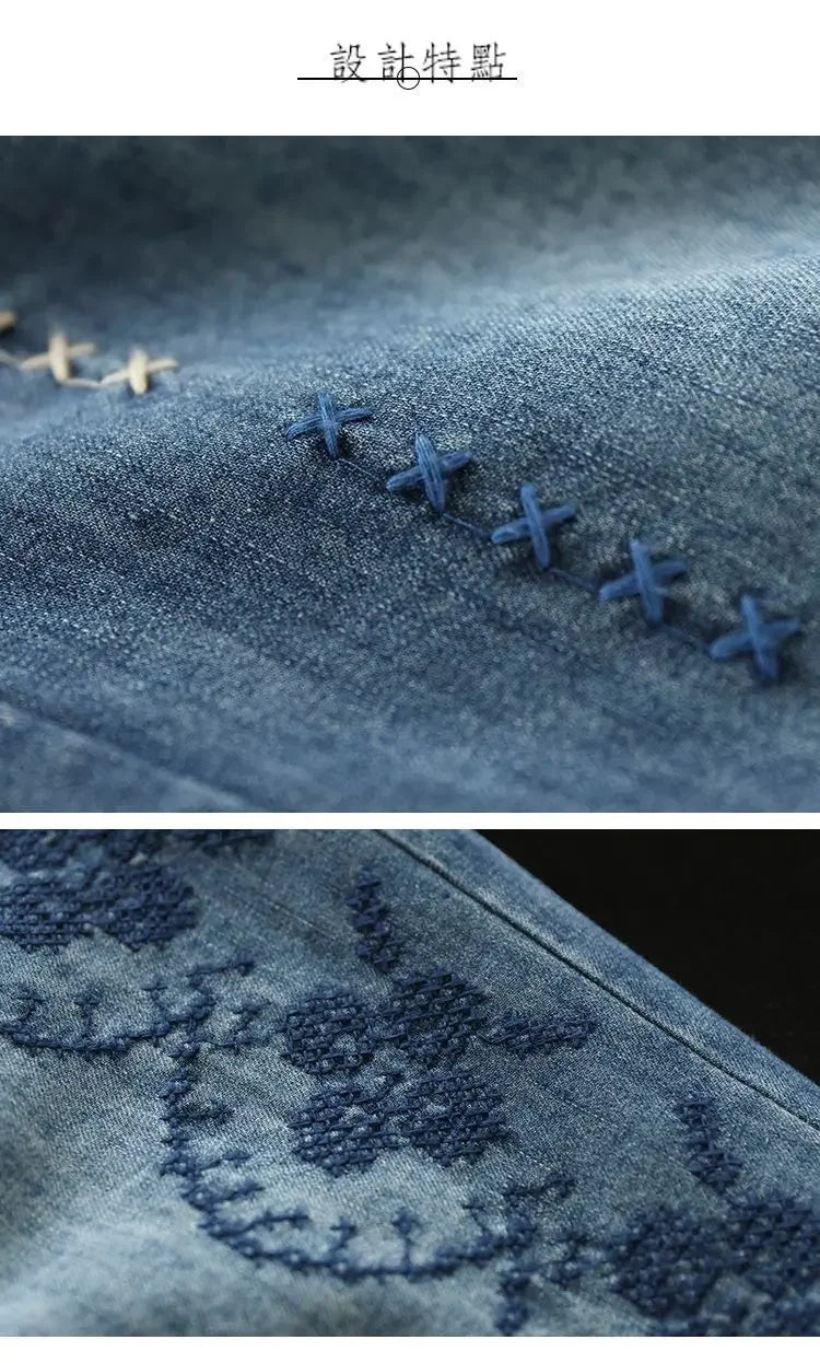 Vintage Jeans Shorts Women Summer Floral Embroidery Elastic High Waist Denim Shorts Design Wide Leg Trousers Blue Black Shorts