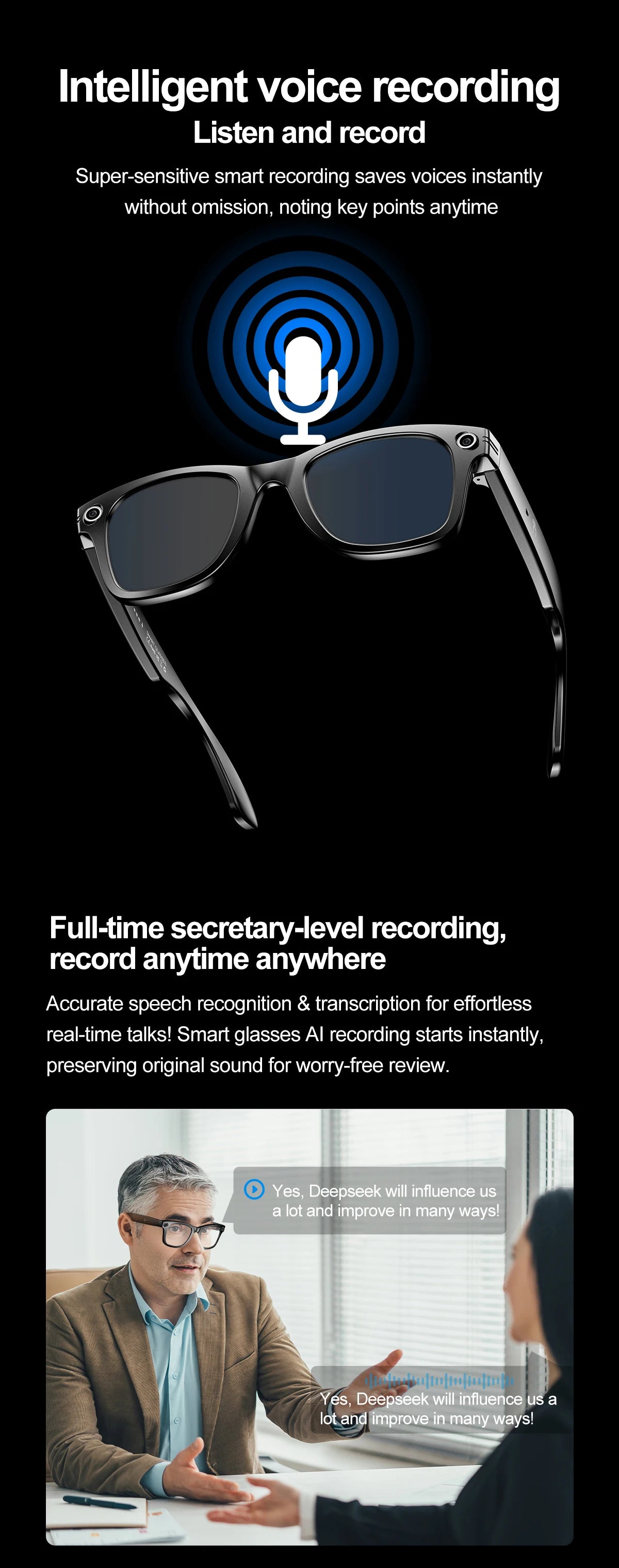 LIGE AI Smart Glasses 720P Camera Video Recorder Bluetooth Call 260mAh Battery Voice Assistant Control Sunglasses For Men Women