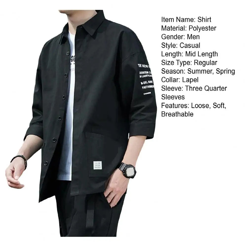 Japanese Style Men Cargo Shirt Half Sleeve Single-breasted Shirt Vintage Logo Label Decor Men Jacket Casual Loose Cardigan Shirt