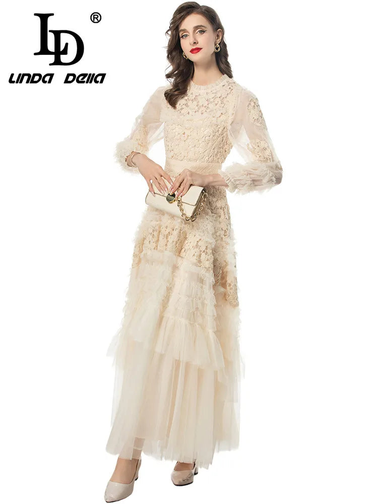 LD LINDA DELLA Fashion Designer Summer Dress Women's Vintage Solid Color Temperament Net Yarn Embroidery Cascading Ruffle Dress