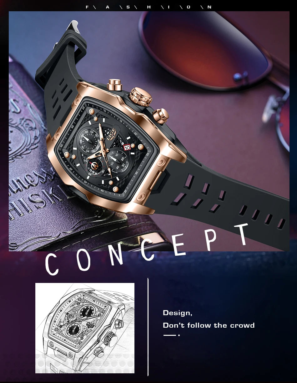 LIGE Quartz Mens Watches Fashion Business Military Wrist Watch For Men Silicone Sport Waterproof Chronograph Square Watch Men