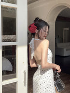 2024 Korean Style Open-back Halter Neck Dress Women's Summer Elegant Long Dress Waist-fitted A- line Skirt Sleeveless