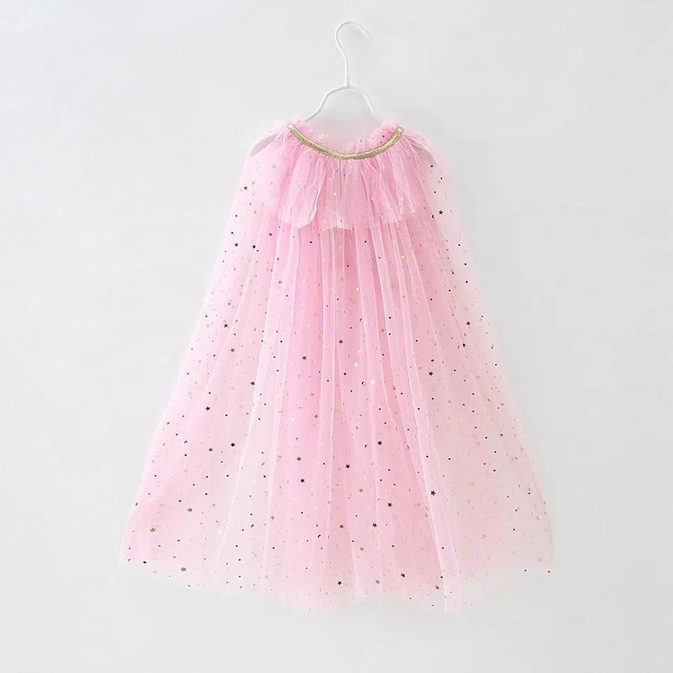 Summer Girl Princess Party Accessories Cloak Snow Queen Elsa Anna Costume Cape Rapunzel Aurora Sequins Tulle Halloween Mantle