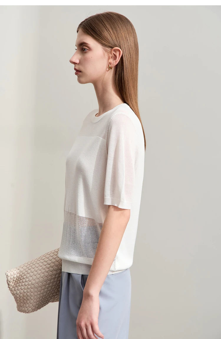 Amii Minimalism 2024 Knit Sweater Women Summer New Solid O-Neck Loose Short-sleeved Wool Casual Patchwork Chic Tops 12422028