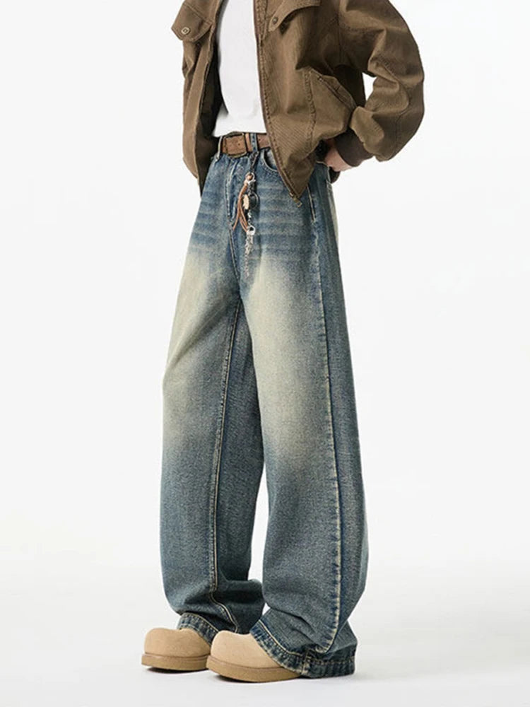 2025 New Retro Washed Straight-Leg Jeans For Men High Street Fashion Baggy Denim Pantalones Hombre Hip Hop Distressed Y2K Jean