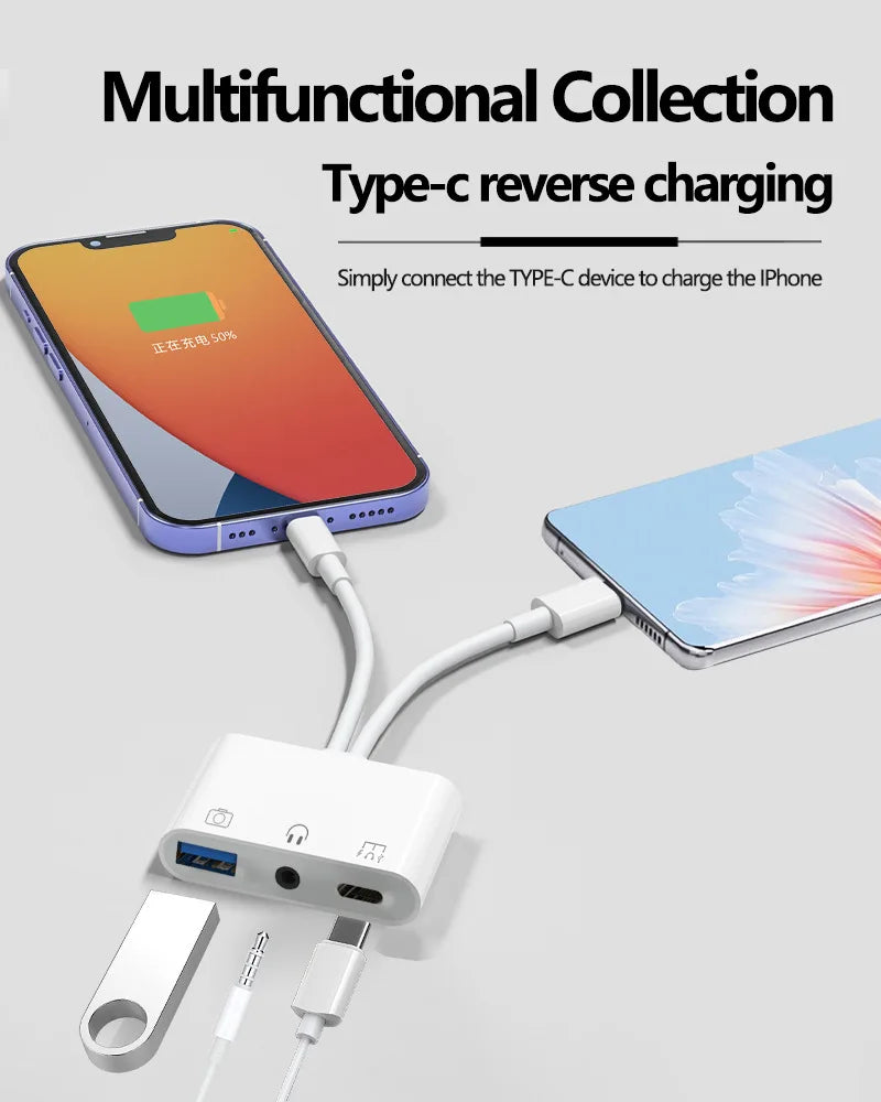 Byscoon Lightning/Type C to USB 3.0 /3.5mm/Type C OTG Adapter 3.5mm Audio Jack Splitter for iPhone14/13/12/iPad with Charging