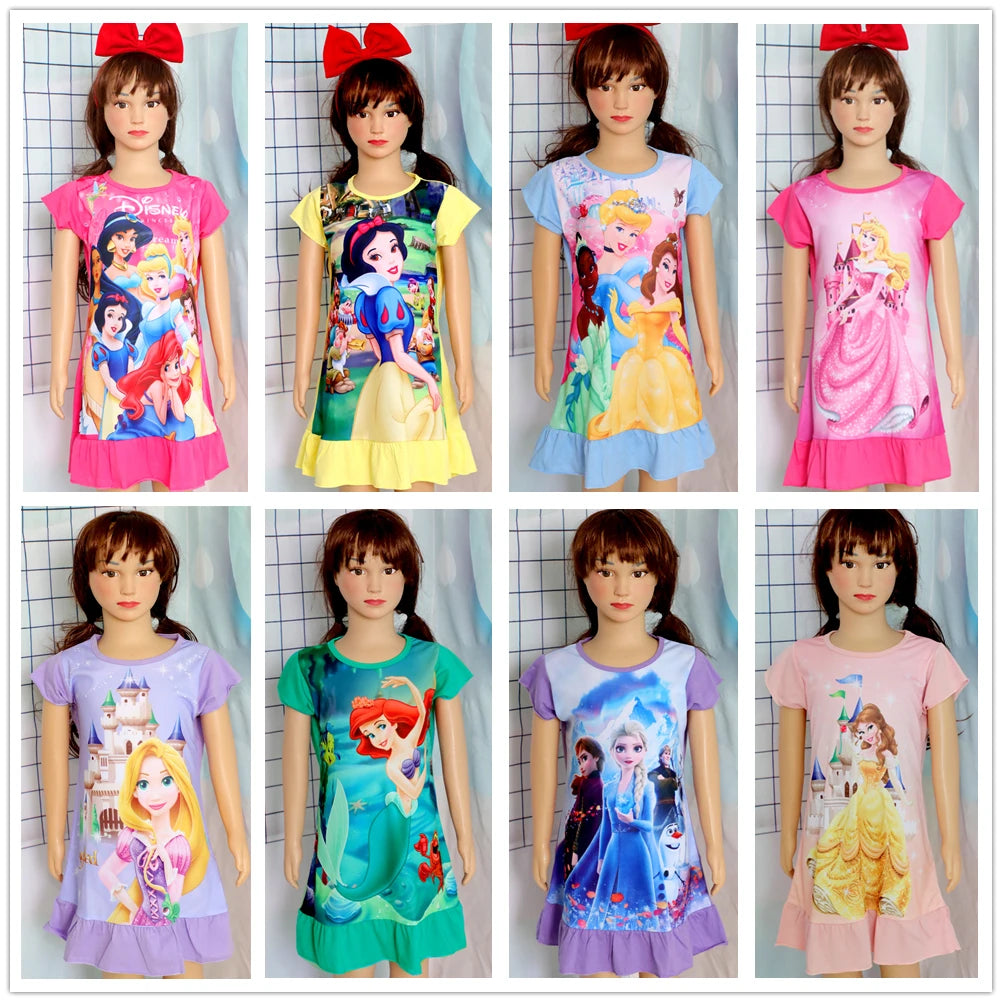 New Summer Anna Elsa Printing Cartoon Sleepwear Mermaid Girl Nightgowns Children Party Dresses Pajamas For Girls Dress