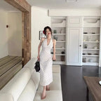 2024 Korean Style Open-back Halter Neck Dress Women's Summer Elegant Long Dress Waist-fitted A- line Skirt Sleeveless
