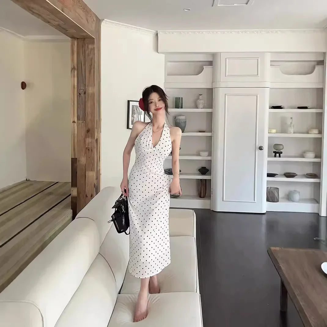 2024 Korean Style Open-back Halter Neck Dress Women's Summer Elegant Long Dress Waist-fitted A- line Skirt Sleeveless
