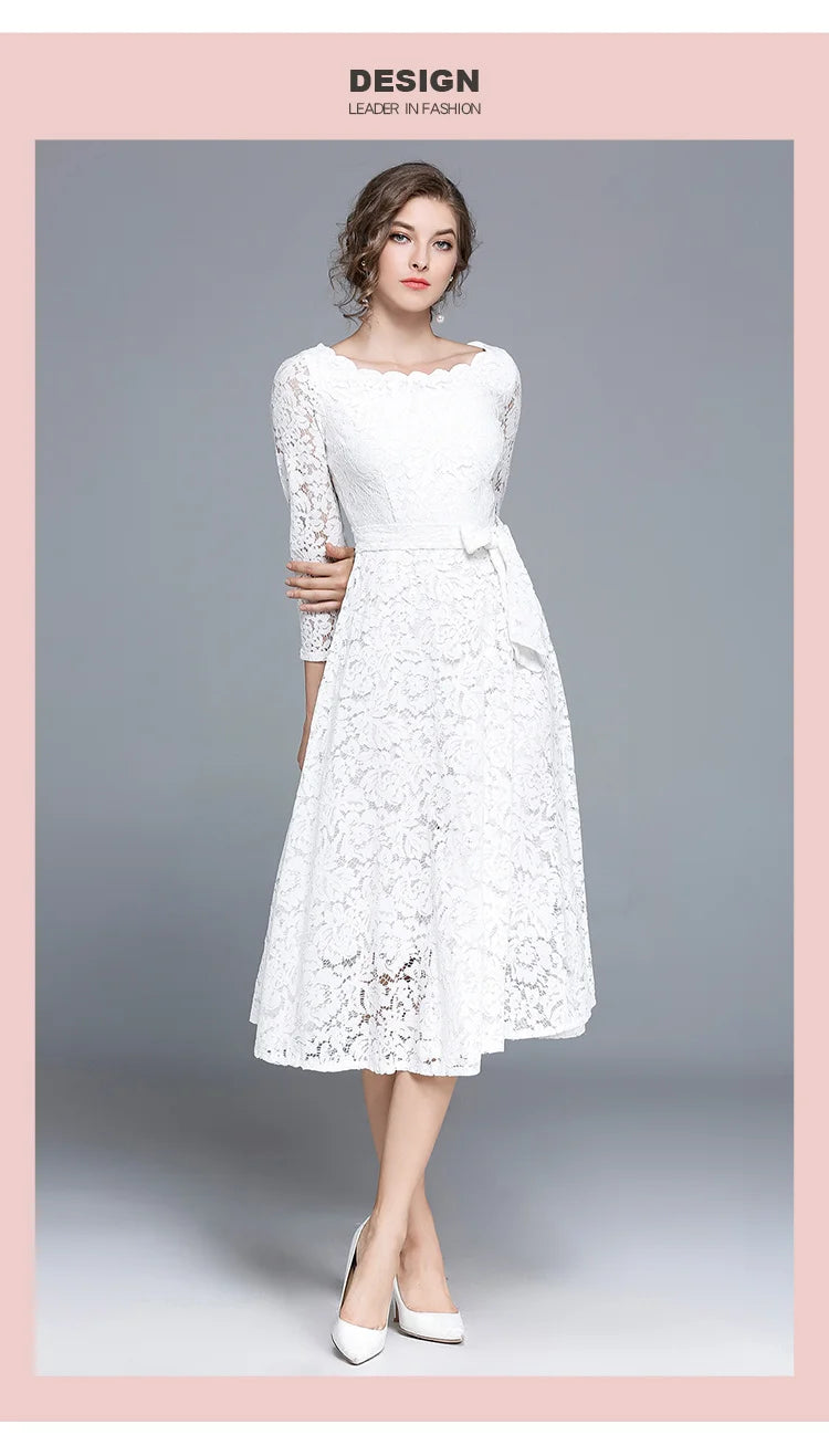 Lace White Prom Dress Women 2023 Summer Autumn Long Sleeve Sexy Slash Neck A Line Midi Party Vestidos Flower Embroidery