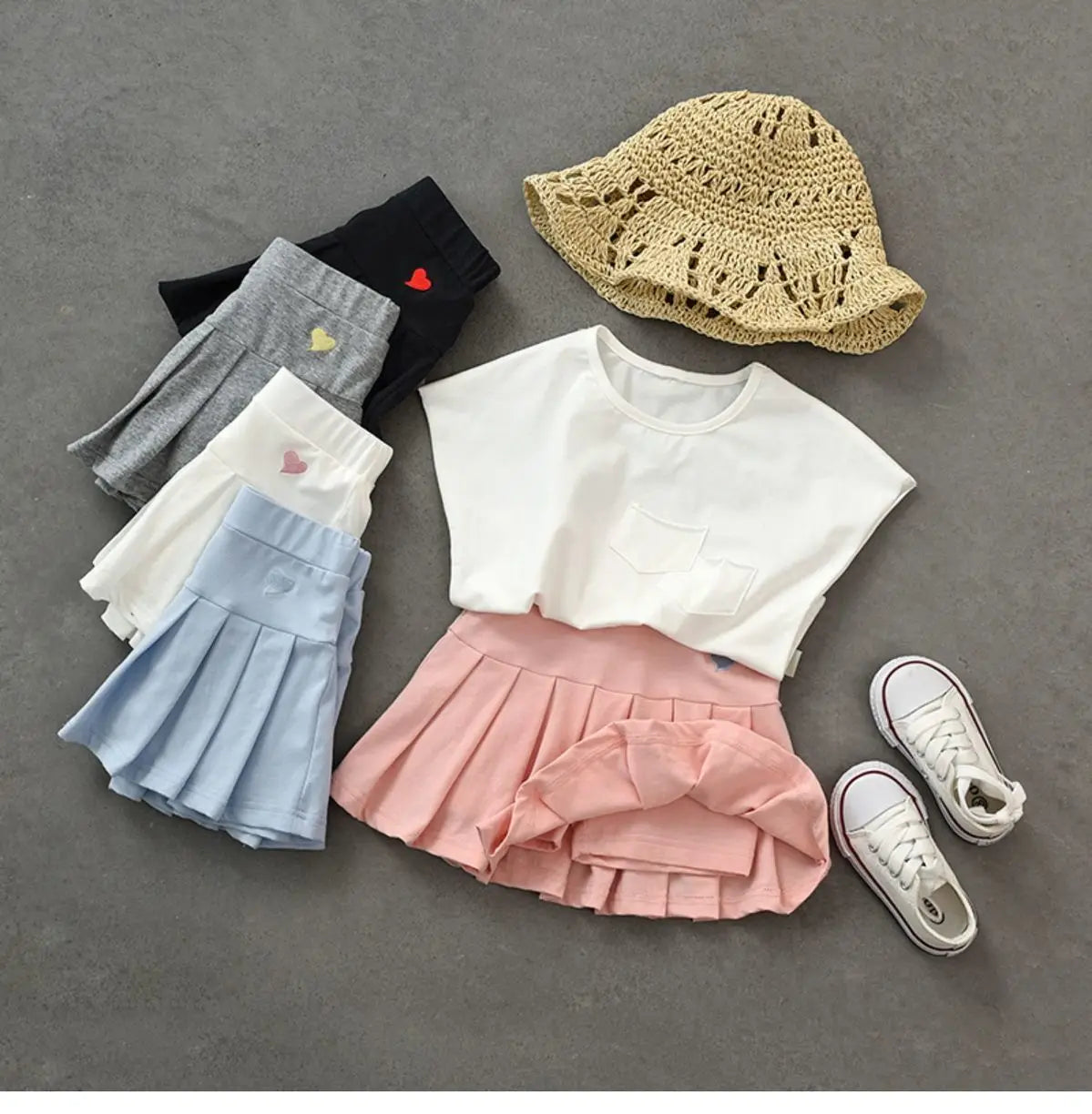 Girls Skirts Jk Pleated Skirt Candy Color Embroidery Love Solid Color Simple Casual Loungewear Outfit Children's Clothes