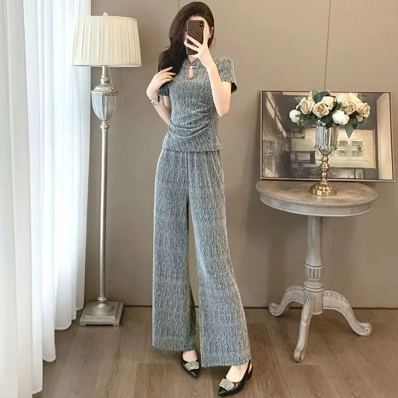 Fashion suit women's summer new style high-end feeling new Chinese style short sleeved top+casual wide leg pants two-piece set