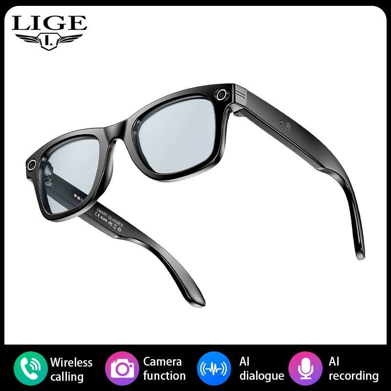 LIGE AI Smart Glasses 720P Camera Video Recorder Bluetooth Call 260mAh Battery Voice Assistant Control Sunglasses For Men Women