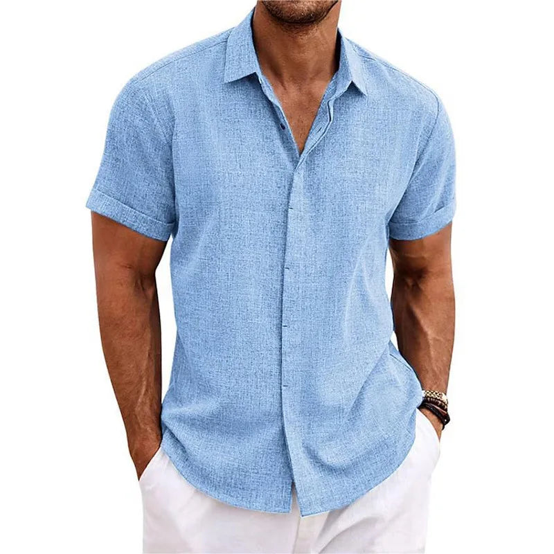Men Cotton Linen Hot Sale Men's Short-Sleeved Shirts Summer Solid Color Turn-down Collar Casual Beach Style Plus Size Tops