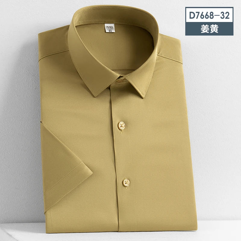 2023 Summer Short Sleeve High Density Silky Material Solid  Elastic Business Men Dress Shirts No Pocket Stretch Clothes