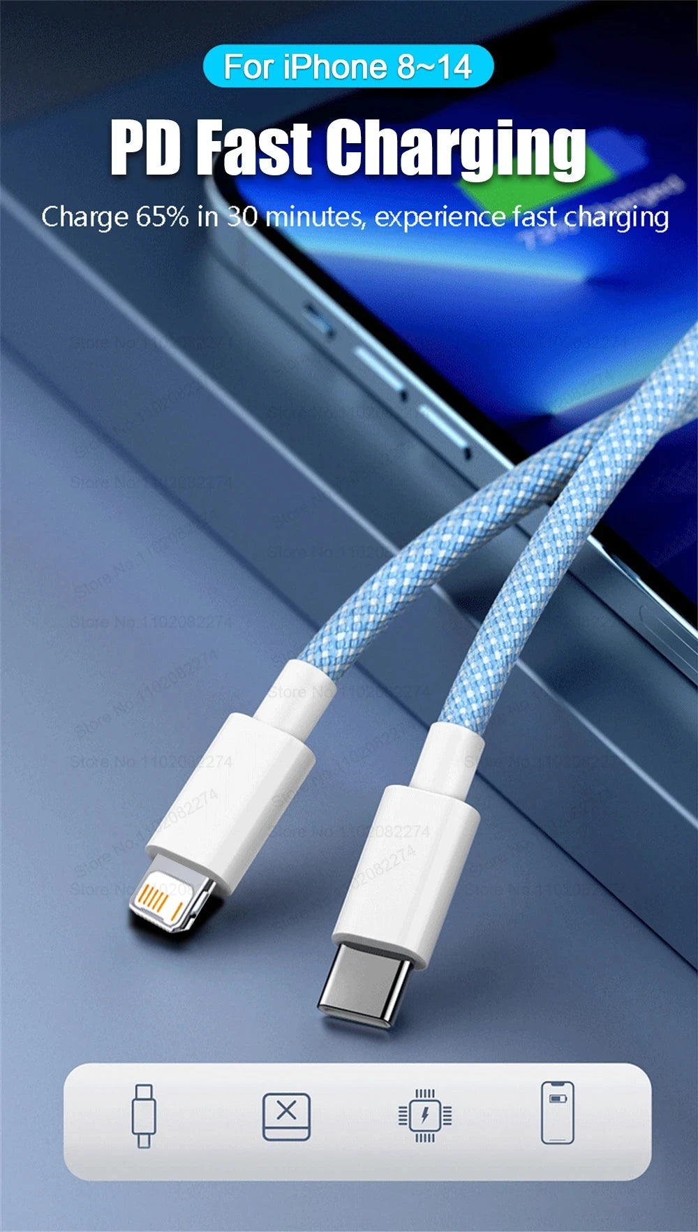20W USB A to L Color Cable For iPhone 14 13 12 11 Pro XS Max XR XS X SE 8 7 Plus PD Fast Charge Type C Braid Cables Accessories