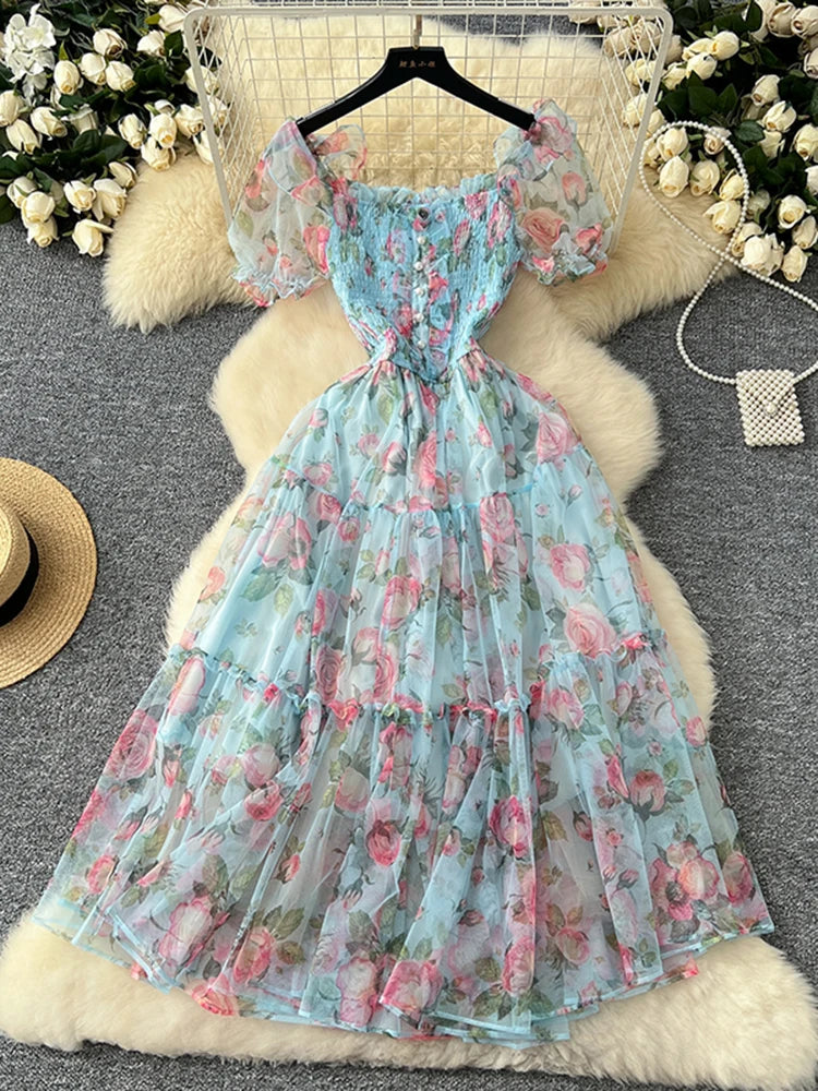 Summer Vintage French Mesh Dress for Women New Waist Cinched Slash Neck Bubble Sleeves Sweet Floral Chiffon Dress Female C146