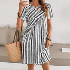 Casual Striped Print Dress For Women Fashion O-Neck Short Sleeve Loose Dresses Lady Office Womens Clothing Summer New Plus Size