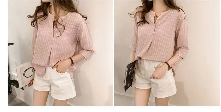 Office Lady Women's Clothing Fashion Casual Striped Loose Three Quarter Sleeve Summer Thin Simplicity Round Neck Button Blouses