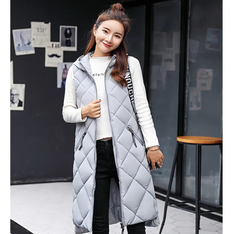 Women's Sleeveless Vest Long Down Padded Jacket Solid Color Hooded Loose Ladies Fashion Casual Warm Winter Jacket Vest Women