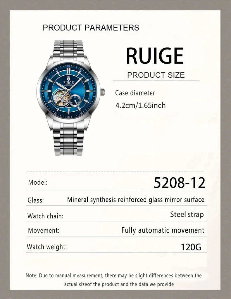 RUIGE High Quality Hollow Mechanical Movement Men's Watch Stainless Steel Fashion Men's Night Light Waterproof Watch