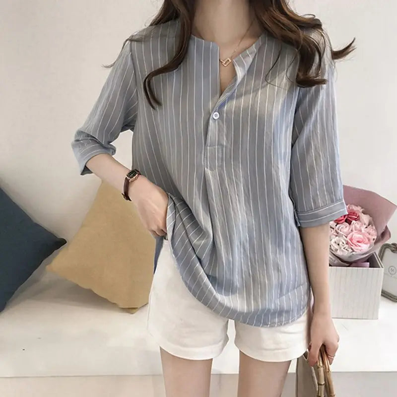 Office Lady Women's Clothing Fashion Casual Striped Loose Three Quarter Sleeve Summer Thin Simplicity Round Neck Button Blouses