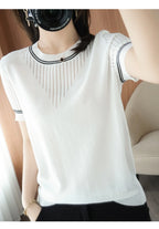 Women New Summer Short-sleeved Tees O-Neck Slim 100% Cotton Linen Hollow Pullover T-shirt Knitted Base Casual Sweater