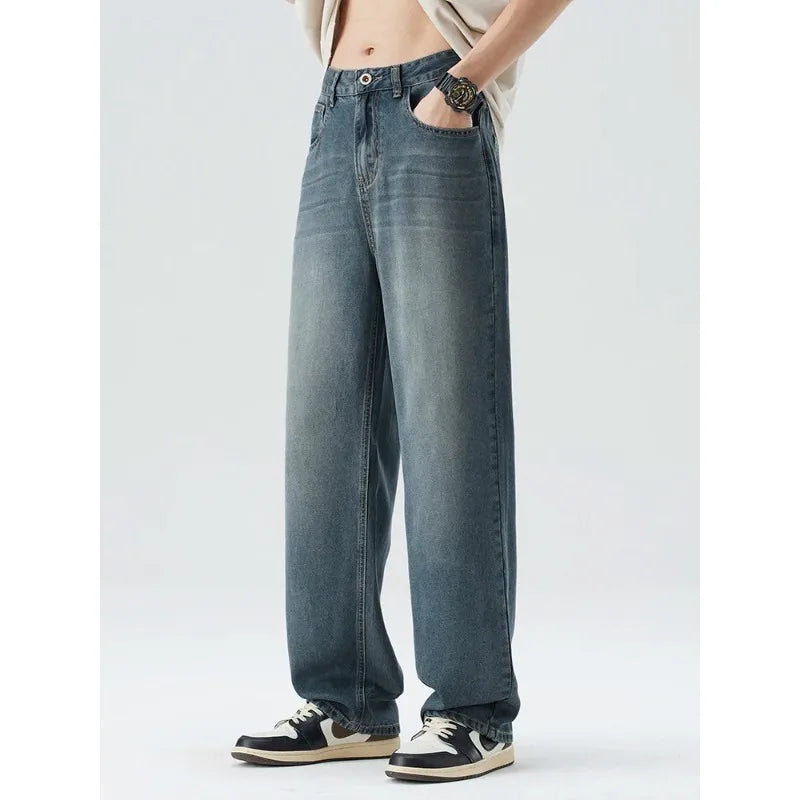 Spring Summer Thin Men's Loose Jeans Lyocell Draped Soft Fashion Loose Pants Streetswear Vintage Straight Y2K Denim Trousers