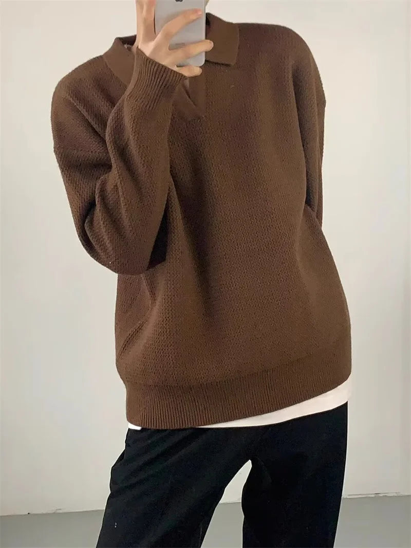 Korean Fashion V-neck Pullover Sweater Men's Casual Long Sleeve Knitted Polo Shirts Y2K Vintage Lapel Knitwear jersey hombre