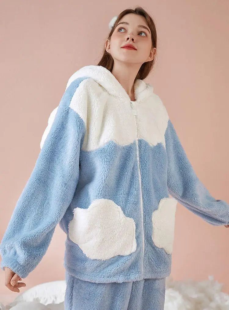 Cinnamoroll Women's Plush Pajamas Suit Sanrioed Kawaii Autumn Winter Hooded Home Clothes Cute Girl Thickened Cute Cartoon Sweet