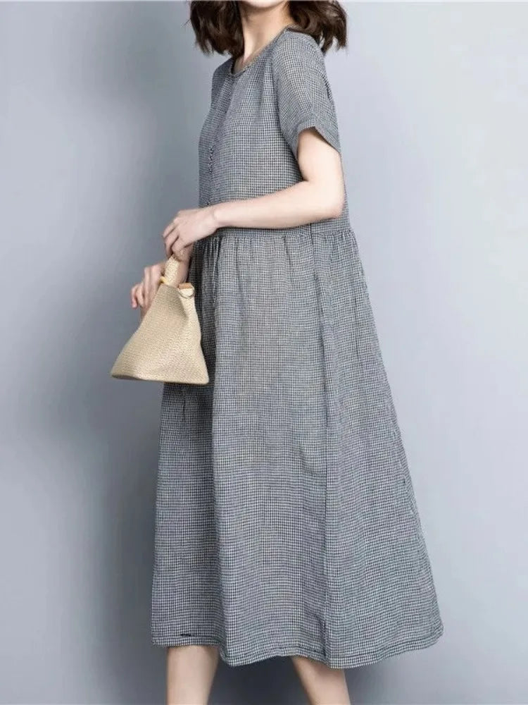 Vintage Plaid Cotton Dresses for Women 2025 New Summer Classical Ladies Midi Dress Elegant Literary Casual Loose Daily Dresses