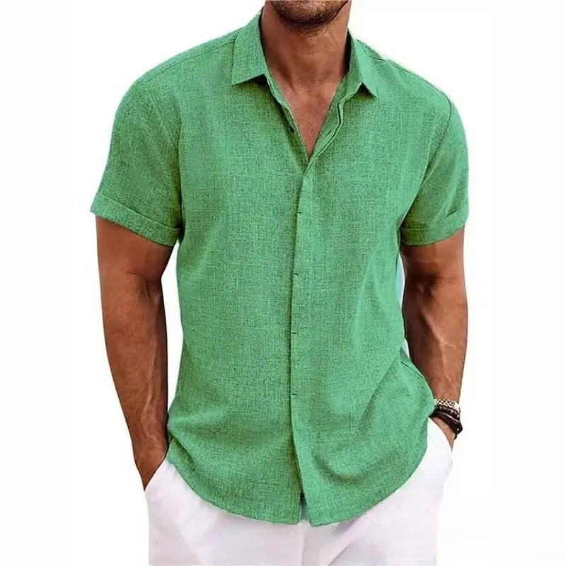 Men Cotton Linen Hot Sale Men's Short-Sleeved Shirts Summer Solid Color Turn-down Collar Casual Beach Style Plus Size Tops