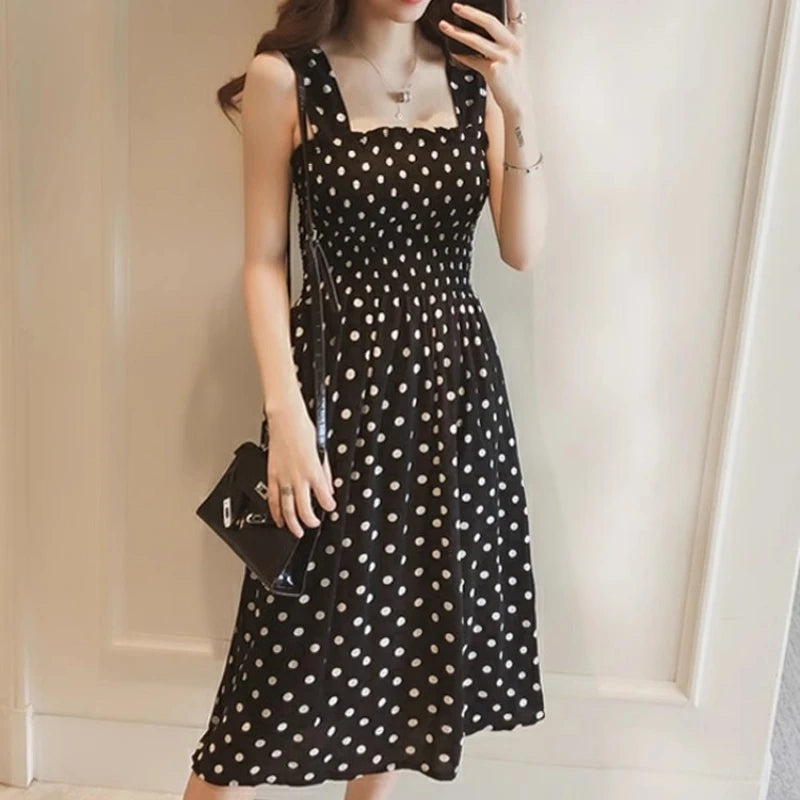 Women Summer Sleeveless Dot Dress Sexy Backless A-Line Spaghetti Strap Beach Style Dresses Camisole Off-Shoulder Folds Vestidos
