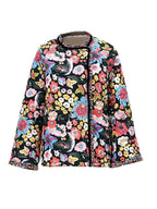 Women Fall Winter Loose Quilted Jacket Floral Print Button Down Long Sleeve Padded Coat Warm Outwear
