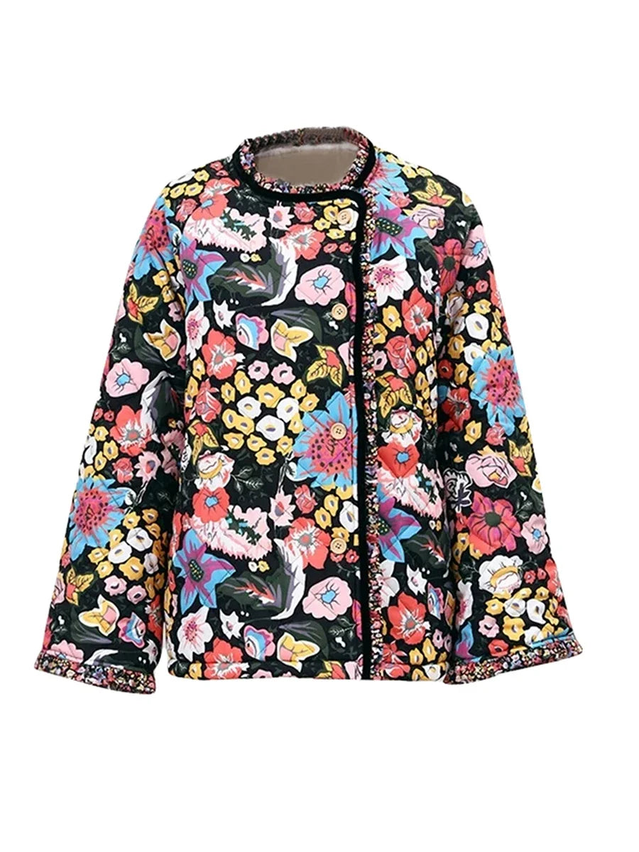 Women Fall Winter Loose Quilted Jacket Floral Print Button Down Long Sleeve Padded Coat Warm Outwear