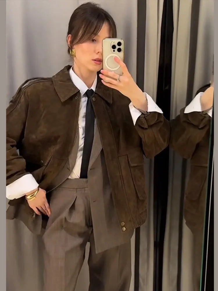 Vintage Suede Short Jacket Women Casual Turn Down Collar Zipper Coat Female 2025 Spring Fashion Versatile High Street Outwears