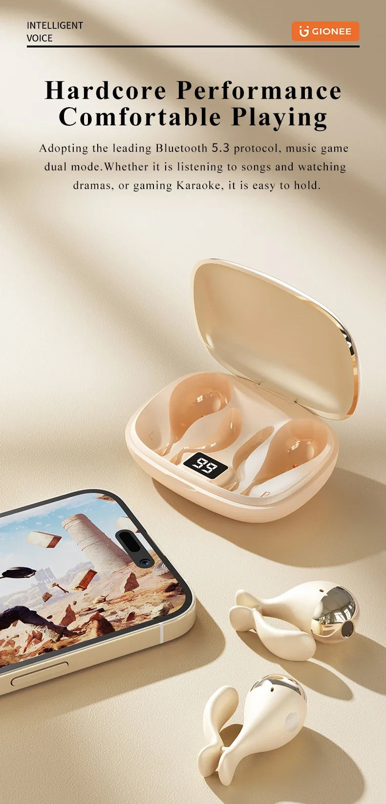 Gionee JL007 Ear Clip Equalize Earphones Wireless Bluetooth Earbuds ENC Noise Reduction Headphones with Mic Smart Equalizer App