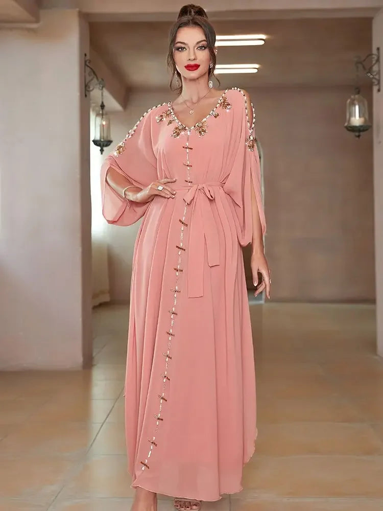 Ramadan Eid Party Dress Morocco Kaftan Off Shoulder Pink Diamond Beads Dubai Abaya Long Dress Abayas for Women Robe Musulmane