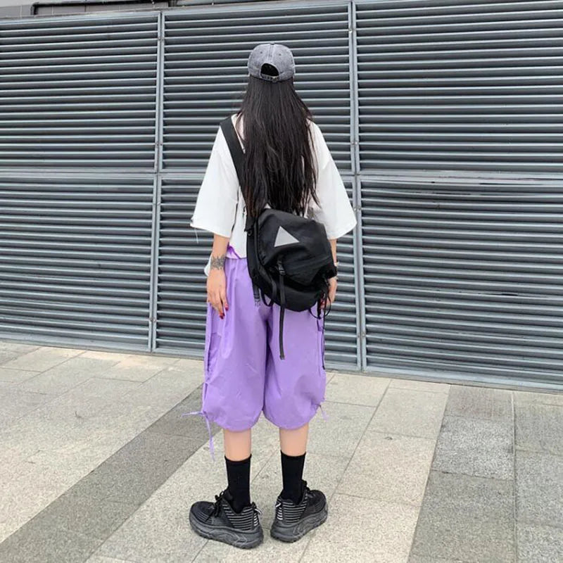Zoki Streetwear Harajuku Oversize Bf Cargo Shorts Hip Hop Fashion High Waist Women Big Pockets Casual Shorts Summer Loose Shorts